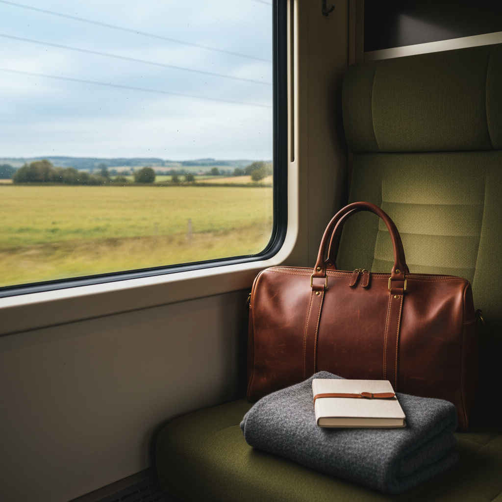 An intimate corner of a train compartment with a wide window framing a blurred, pastoral landscape of fields and low hills drifting by. A single leather weekender bag in deep cognac rests neatly on the fabric seat, alongside a folded wool blanket in muted charcoal and a closed linen-bound notebook. Soft overcast daylight diffuses through the window, giving the scene a gentle, even illumination with subtle reflections on the glass and metal details of the bag. Photographic realism, composed using the rule of thirds with a calm, contemplative mood, capturing the refined, unhurried rhythm of slow travel between destinations.