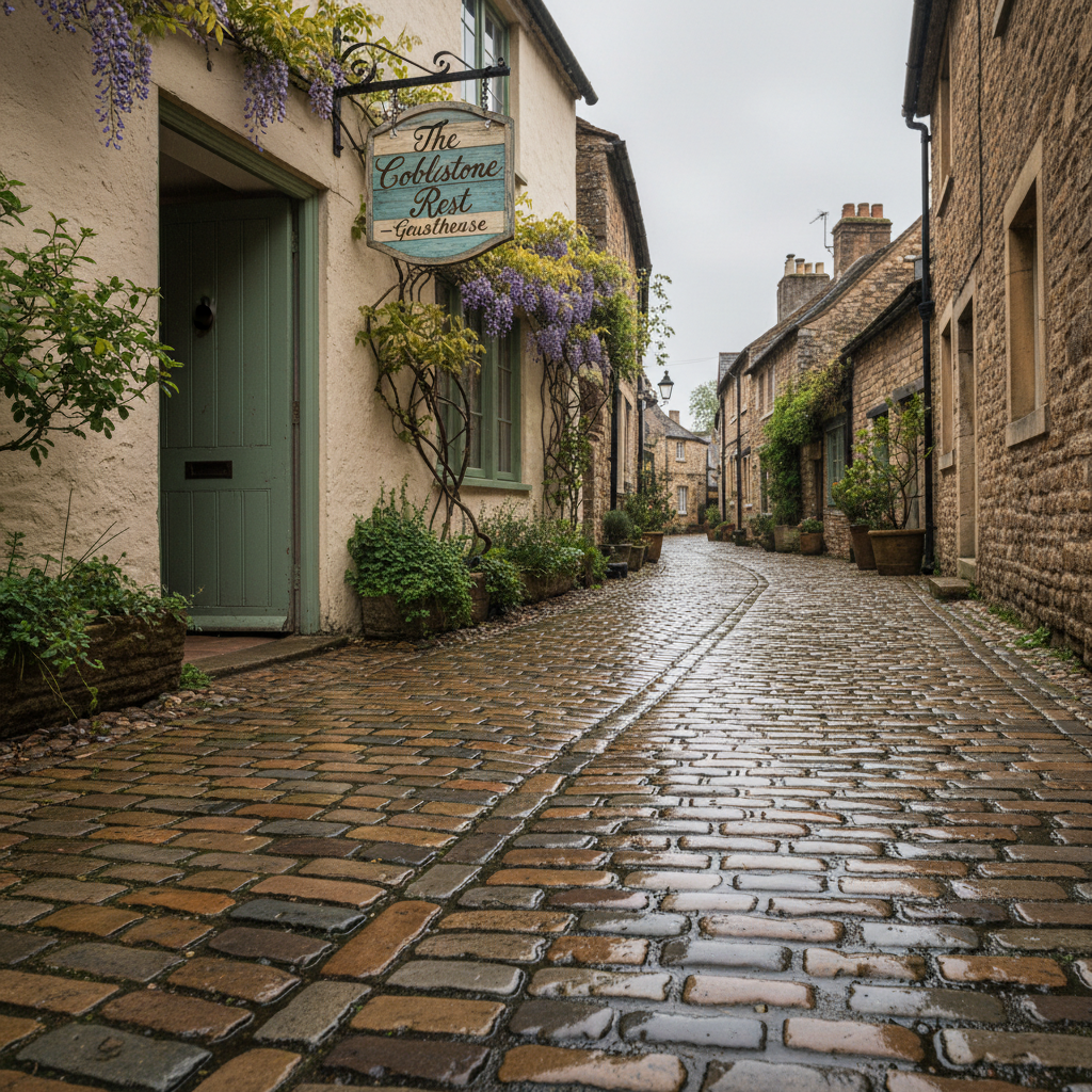 A narrow cobblestone alley in a historic village, captured just after a light rain. The stones glisten with moisture, reflecting the soft, diffused overcast light from the sky above. On one side, a small hand-painted wooden sign indicating a local guesthouse hangs from an iron bracket, its muted colors gently worn by time. Climbing vines spill over a rough plaster wall, framing a weathered, sage-green door slightly ajar. Photographic realism with a deep depth of field, taken from a low, forward-facing angle to draw the eye down the lane, creating an atmosphere of quiet discovery and understated, slow-paced exploration.